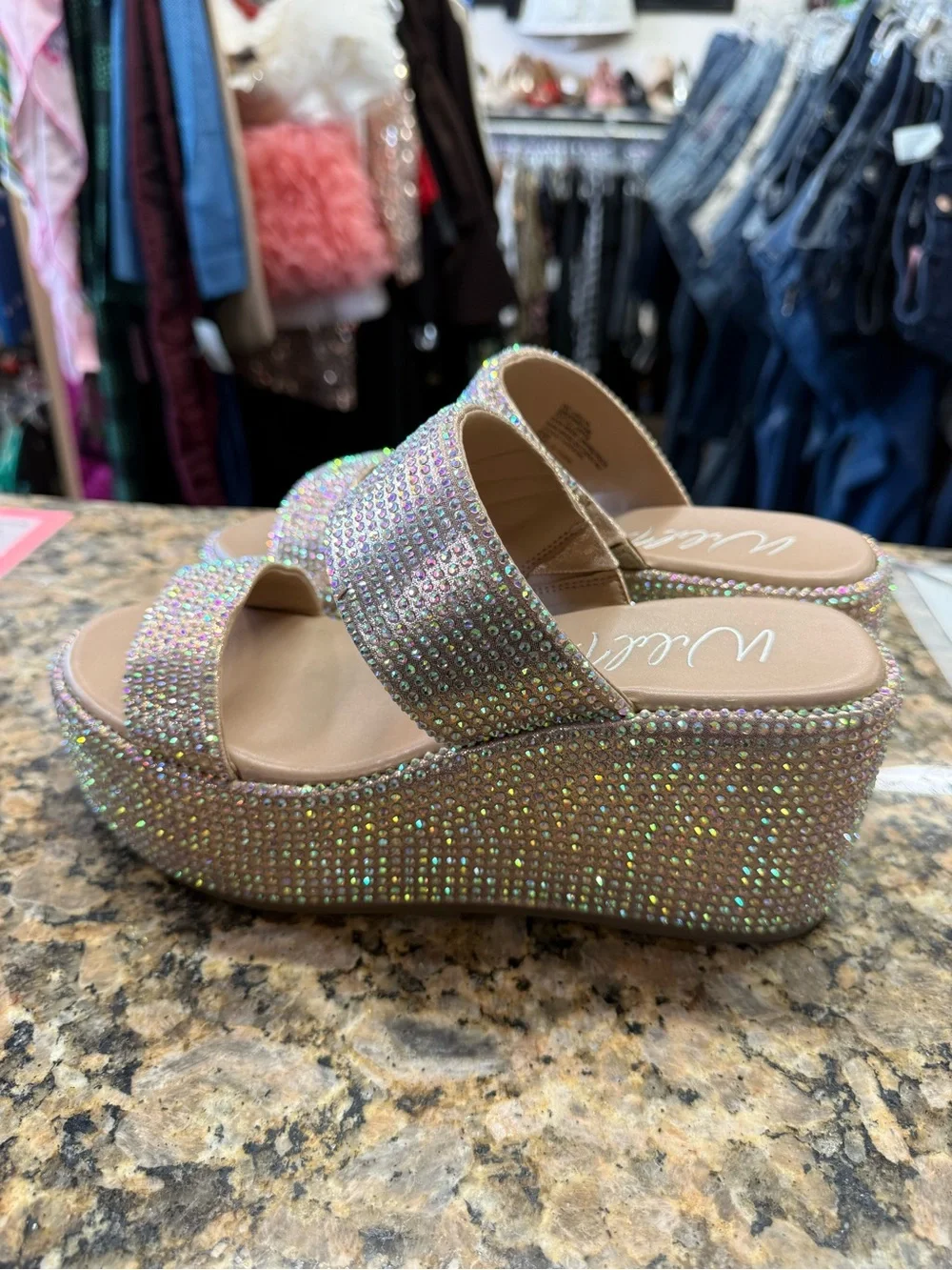 Wild Pair Rhinestone Platform Slide Sandals Iridescent Bling Size 8